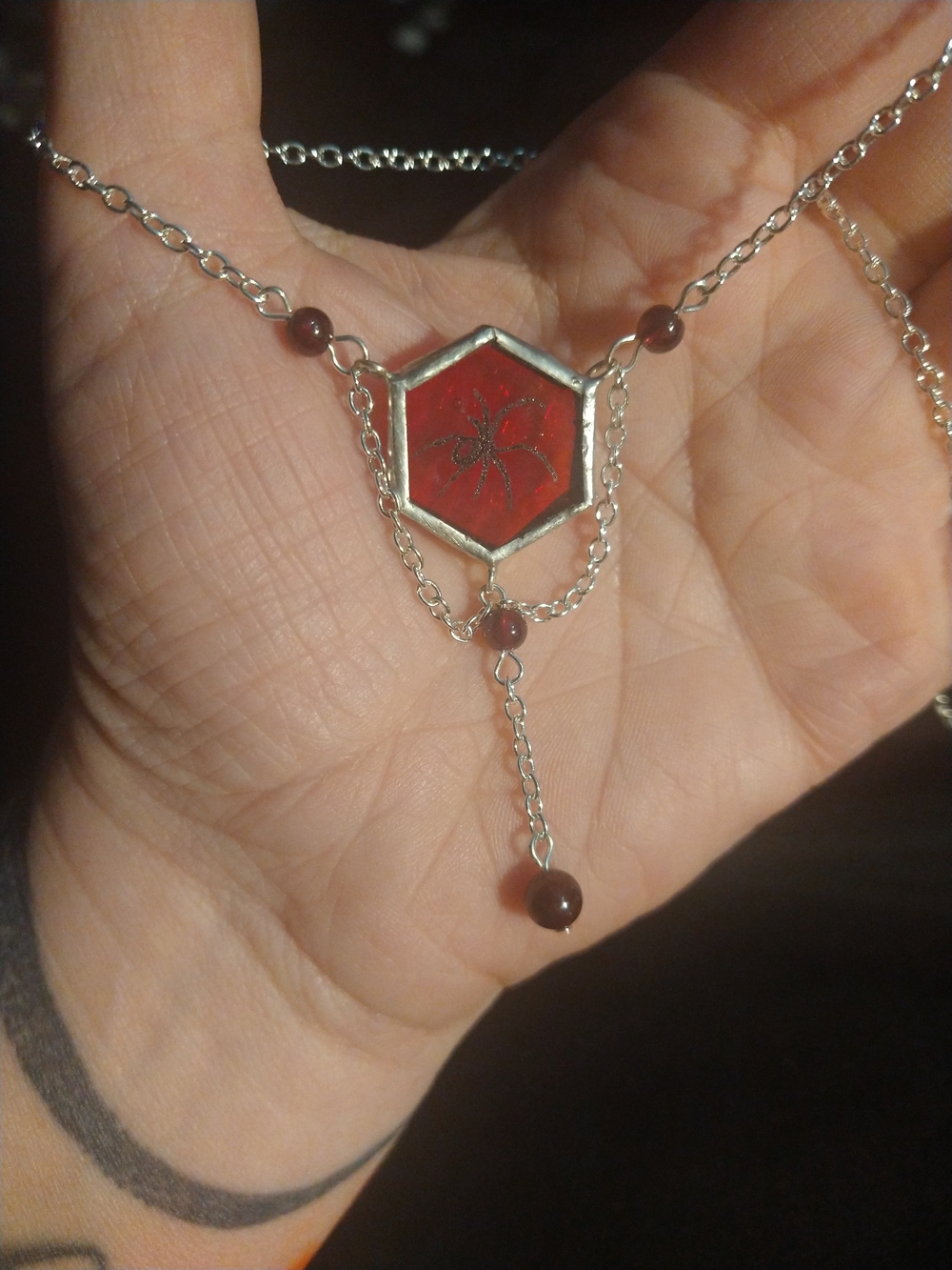 Red Hexagon Stained Glass Pendant Necklace with Engraved Spider